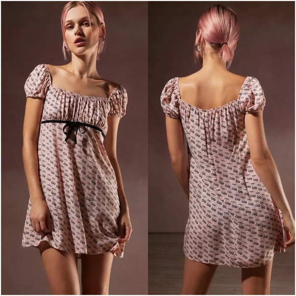 MOTEL Savio Mini Dress In Cherry Pink Bow Print - Picture 1 of 7